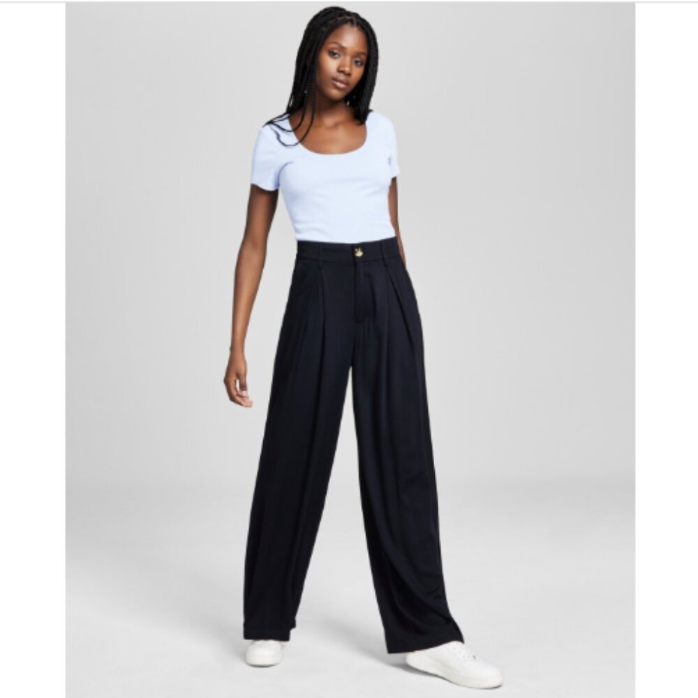 And Now This Women's Pleat-Front Wide-Leg Soft Pants, Black, NWT